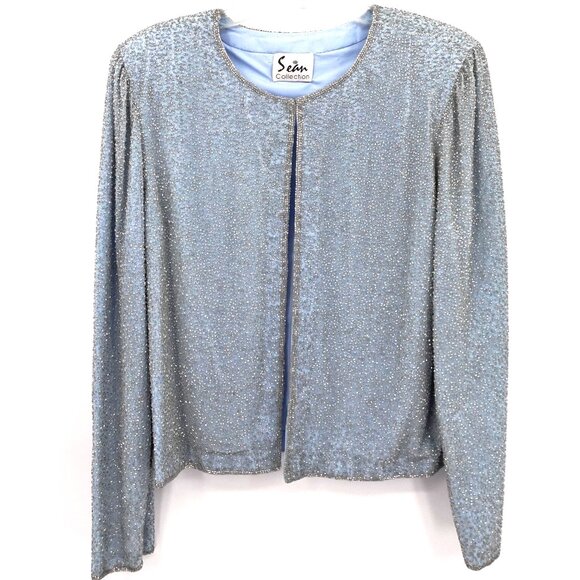 Vintage 100% Silk Beaded Jacket Baby Blue Large - Picture 1 of 11
